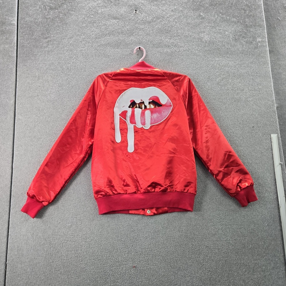 Kylie Jenner Women Jacket M Red Satin Bomber Lips Snap Button - Picture 8 of 8